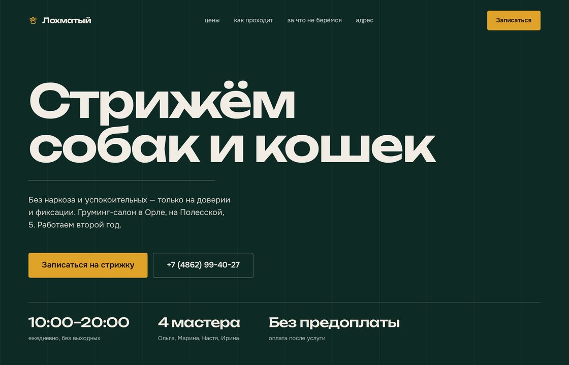 Первый экран сайта груминг-салона: заголовок «Стрижём собак и кошек», часы работы, число мастеров, кнопка записи.